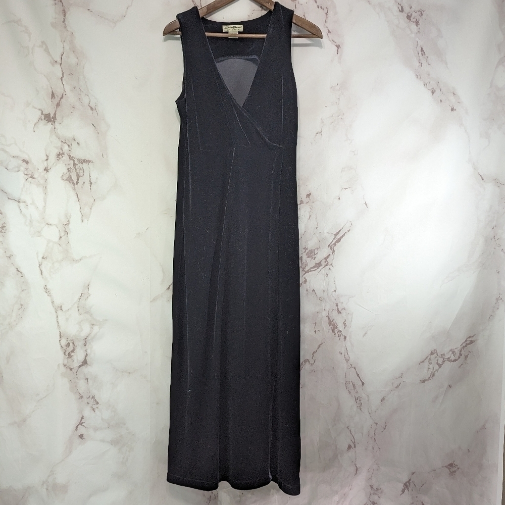 Vintage Eddie Bauer Dress Womens Large Black Midi Maxi 90s Velvet Plunge V Tank